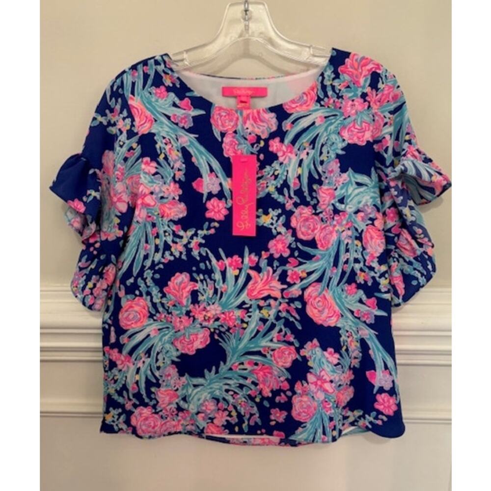 Lilly Pulitzer Darlah Top Blouse Short Sleeve Flutter Floral Size XS NEW NWT